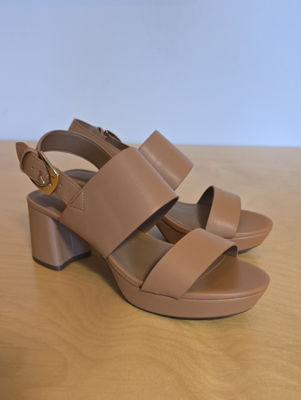 AEROSOLES Tan Block Heel Sandals with Gold Buckle